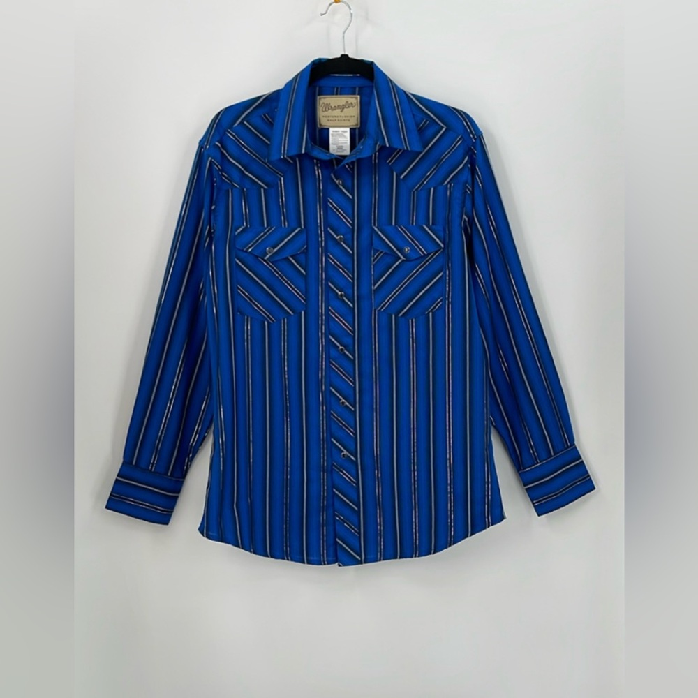 WRANGLER Pearl Snap Blue Metallic Silver Rodeo Western Shirt